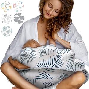PILLANI Nursing Pillow for Breastfeeding, Breast Feeding Must Haves, Baby Pillow, Breast Feeding Pillow for Mom & Baby, Removable Cotton Cover, Adjustable Waist Strap, Breastfeeding Essentials Newborn (Feather Leaves)