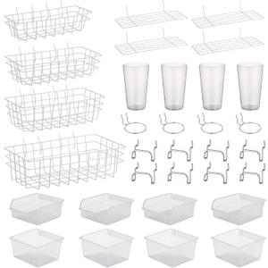 32 Pieces Pegboard Organizer Set Peg Board Rack with Hooks,Loops Wire Shelves Garage Storage, Craft Workshop, Workbench Assortment Organizer Tools(White)