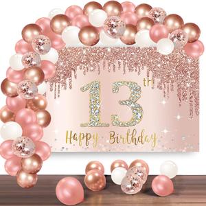 Happy 13th Birthday Banner Backdrop Decorations with Confetti Balloon Garland Arch, Rose Gold 13 Birthday Banner Balloon Set for Girls, Pink 13 Year Old Bday Poster Photo Booth Decor