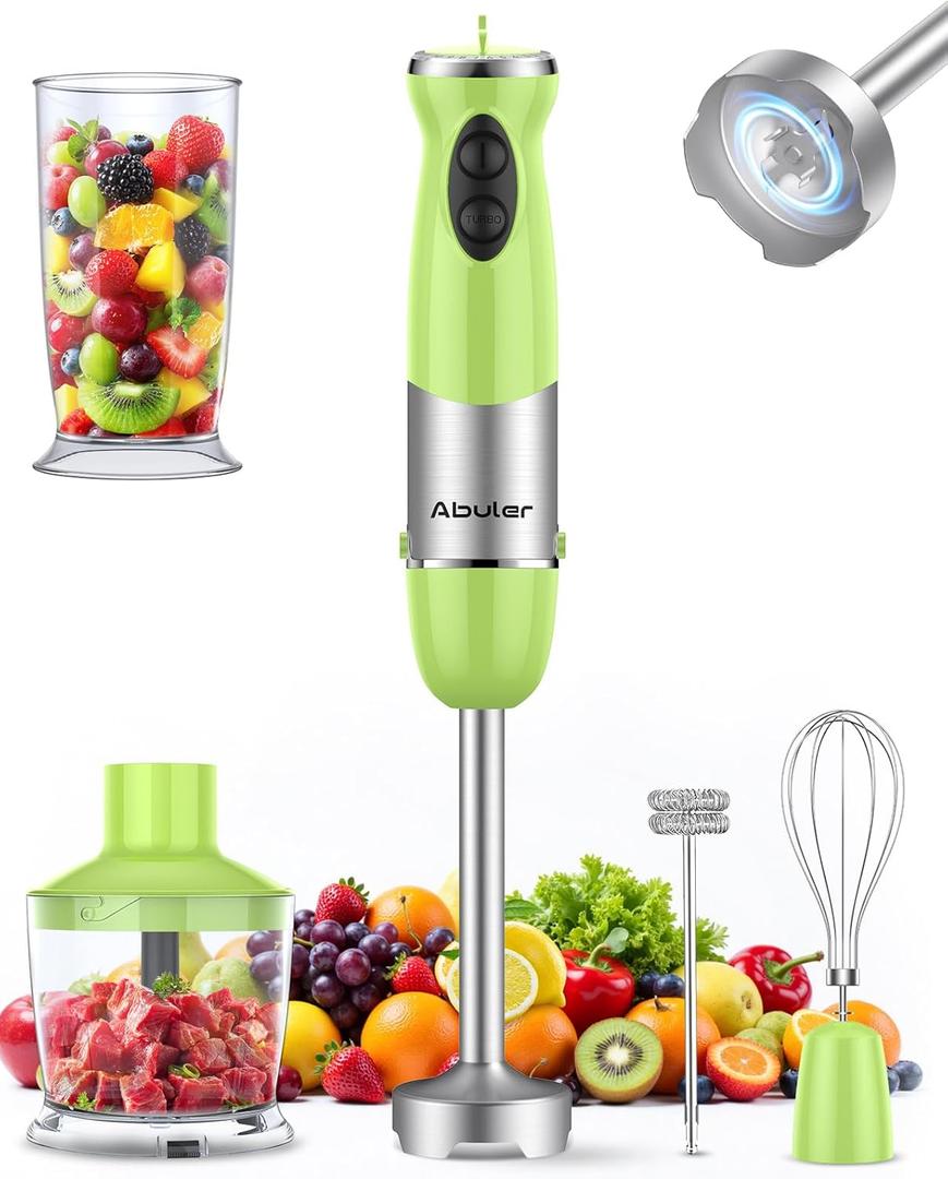 Immersion Blender Handheld 1000W 5 in 1 Corded Stick Hand Blender Kitchen with 12 Speed, BPA-Free, Mixing Beaker, Chopper, Whisk, Milk Frother, Perfect Emulsifier for Soup, Baby Food, Sauce, Puree (Green)
