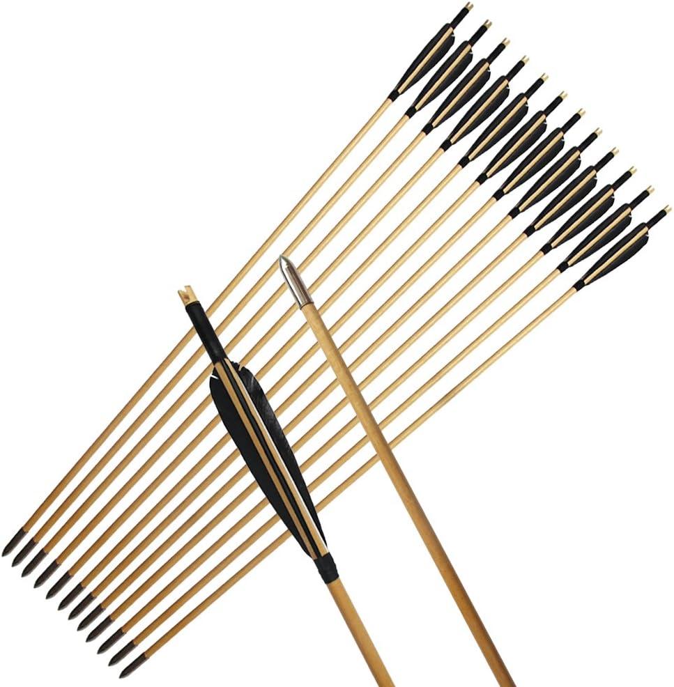 33inch Wooden Arrows Handmade Tradition Target Arrows with Turkey Feather Fletching with Field Points for Recurve Bow Longbow Archery Practice 12PACK (Black)