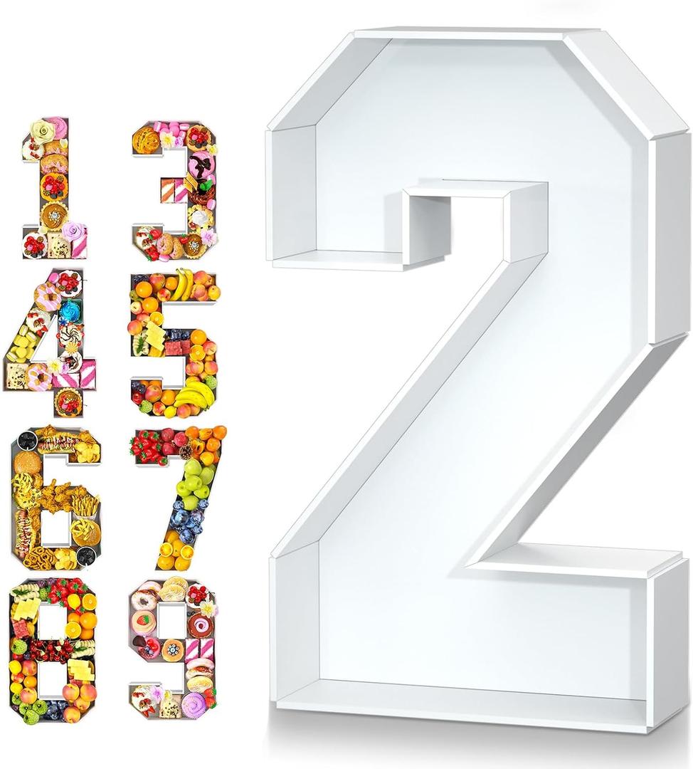 Paready 13.78'' Fillable Cardboard Number 2, Charcuterie Foam Board Number 2, Food Fillable Number Shaped Sweets Flower Candy Cupcake Container Box for 2nd Anniversary Birthday Party Decoration