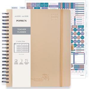 POPRUN Teacher Planner 2025-2026, (Letter Size - 8.5'' x 11'') Academic Lesson Planner (July 2025 - June 2026), with Monthly Tabs, Thick Papers, 2-Sided Pocket, Leather for Teachers, Champagne Gold