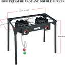 COOKAMP High Pressure Double Propane Burner Outdoor Camping Stove with 0-20 PSI Adjustable Regulator and Steel Braided Hose (Two Burner Stove)
