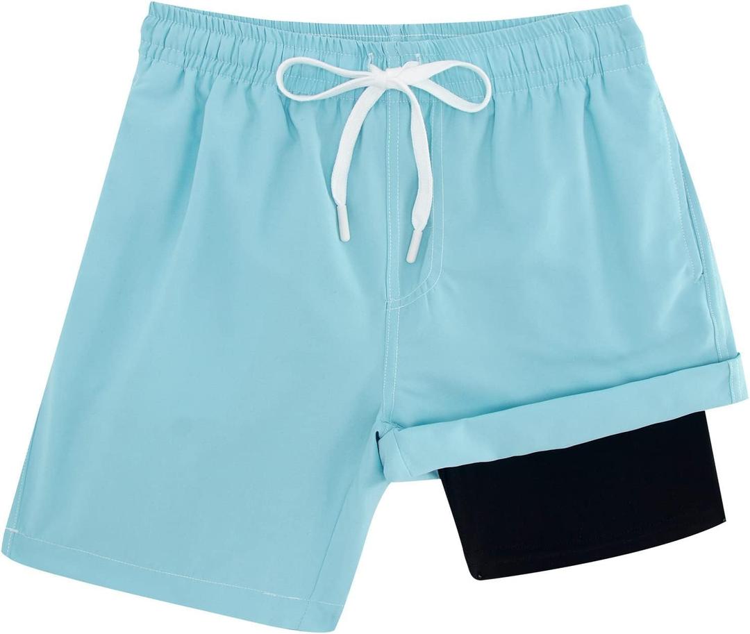 Cozople Boys Swim Trunks Compression Liner Swim Shorts Quick Dry Bathing Suit with Boxer Brief Swimwear 2-20T (7 Years, Solid Blue)