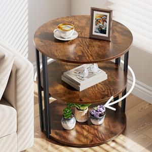 3-Tier Rotating Round Side Table, End Table Living Room with Lazy Susan Turntable Ring, Nightstand for Small Spaces, Side Table Living Room, Vintage Brown