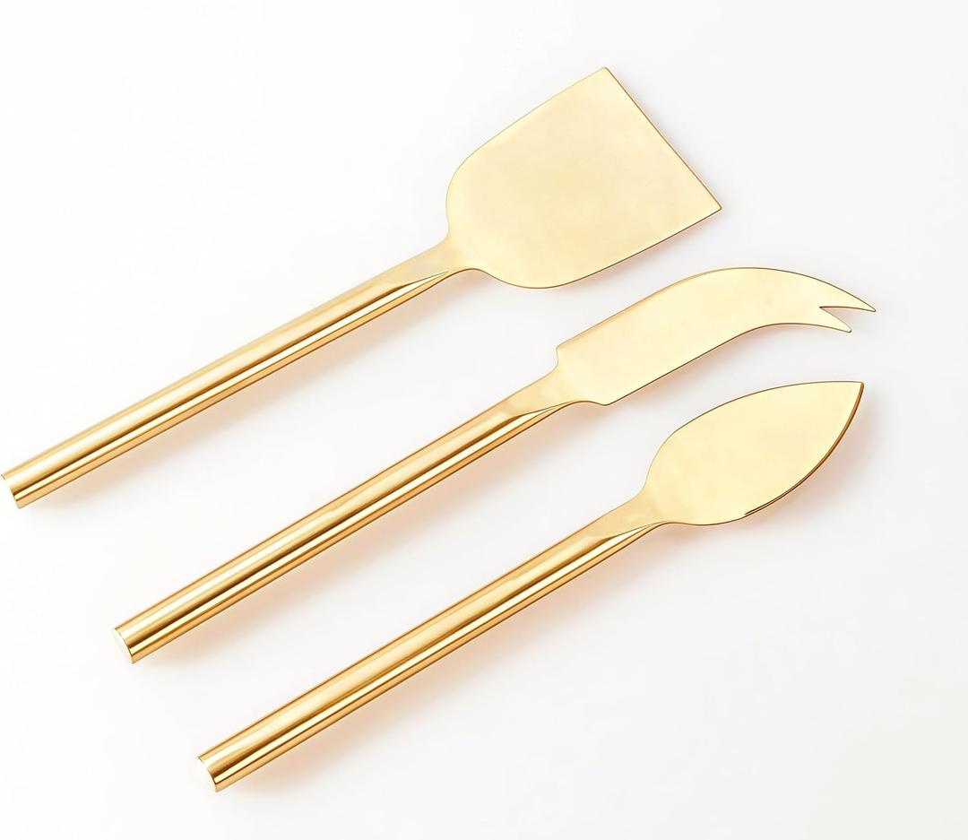 Long Handle Gold Cheese Knife Set of 3 Beautiful Appetizers n Charcuterie Utensils Pronged n Flat & Parmesan Knives