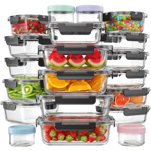 KEMETHY 40 PCS Glass Food Storage Containers with Lids(20 Container & 20 Lid), Borosilicate Glass Meal Prep Containers for Kitchen Storage and Organization, BPA-Free, Leak Proof, Reusable