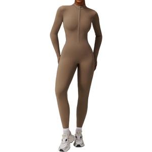 Women Long Sleeve Workout Jumpsuit Zip Front Sport Jumpsuits One Yoga Rompers Sexy Control One Piece Bodycon (Medium)