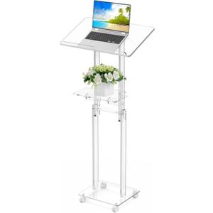 Acrylic Podium Stand Portable, Rolling Podium with Wheels, Clear Podium with Storage Shelf, Lockable Wheels, Adjustable Height pulpits for Churches, Classroom, Weddings, Speech