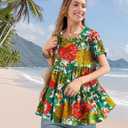 YESNO Women's Casual Short Sleeve Shirts Summer Floral Loose Tiered Swing Tunics Tops Blouses BEL (Green, XXL)