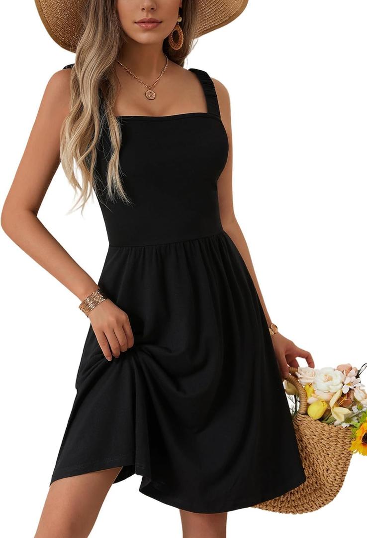 Women's Summer Casual Square Neck Dress with Pocket Cute Sleeveless High Waist A-line Sundress Midi Dresses (XL)