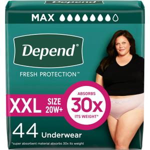 Depend Fresh Protection Adult Diapers, Incontinence & Postpartum Bladder Leak Underwear for Women, Disposable, Maximum, Extra-Extra-Large, Blush, 44 Count (2 Packs of 22)