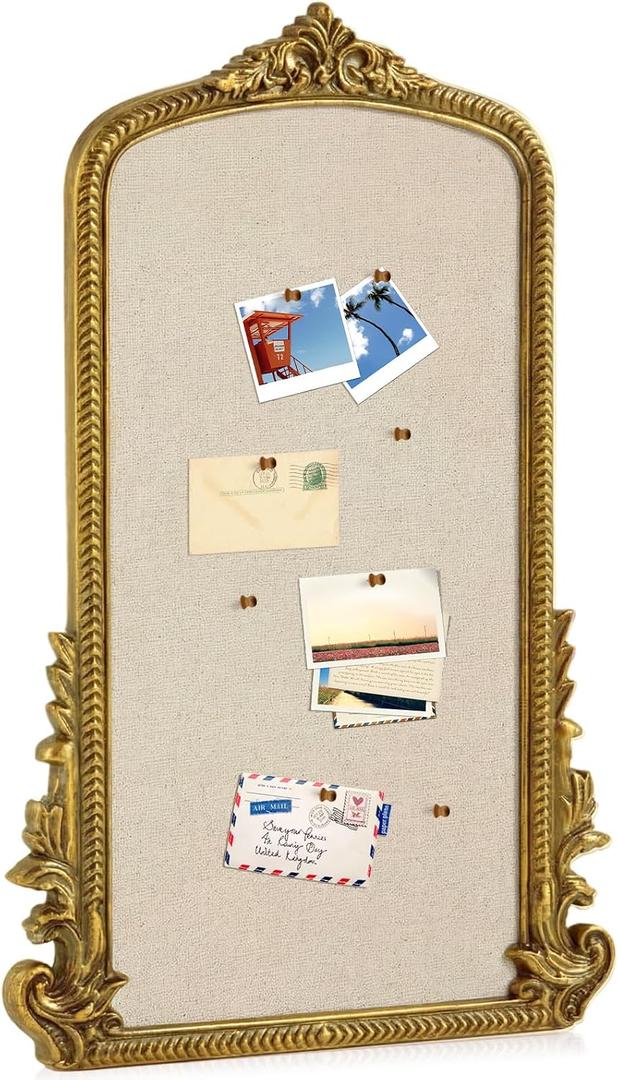 Wonderjune Vintage Framed PinBoard Linen Display Bulletin Board Large Cork Fabric Picture Photo Memo Pinboard Fancy Ornate Decorative Vision Board for Wall(Arch,19" X 31",Gold), 30.7" x 18.9"