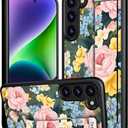 Compatible for Samsung Galaxy S25 Case Cute with Strap Stand Finger Kickstand, Designer Cool Silicone Cases Funda Cover - Blue Flowers Pale Rose