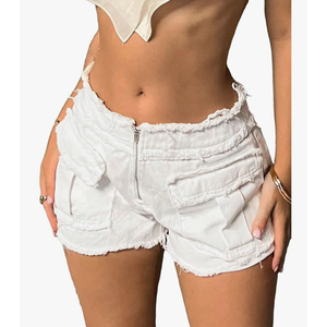 WDIRARA Women's High Waist Flap Pocket Ripped Raw Trim Cargo Denim Shorts Casual Straight Leg Short Jeans M