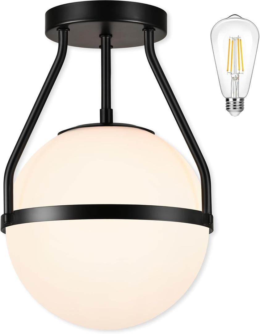 Bagood 10" Mid Century Ceiling Light Modern Semi Flush Mount Ceiling Light Fixture Globe Ceiling Light Fixture with Milk Glass Shade Matte Black Finish for Kitchen Island Hallway Foyer (Bulb Incl.)