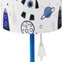 Bedside Desk Table LampPrinted Fabric Shade with Outer Space Theme, Blue Painted Steel Lamp Body, Simple Nightstand Lamp with Pull Switch for Bedroom,Study,Boy Room