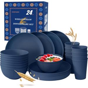 24pcs Wheat Straw Dinnerware Sets For 8, Unbreakable Plates and Bowls Wheat Straw Dinnerware Microwavable Cups Plates and Bowls Sets Shatterproof For Outdoor Kitchen Camping (Dark Blue)