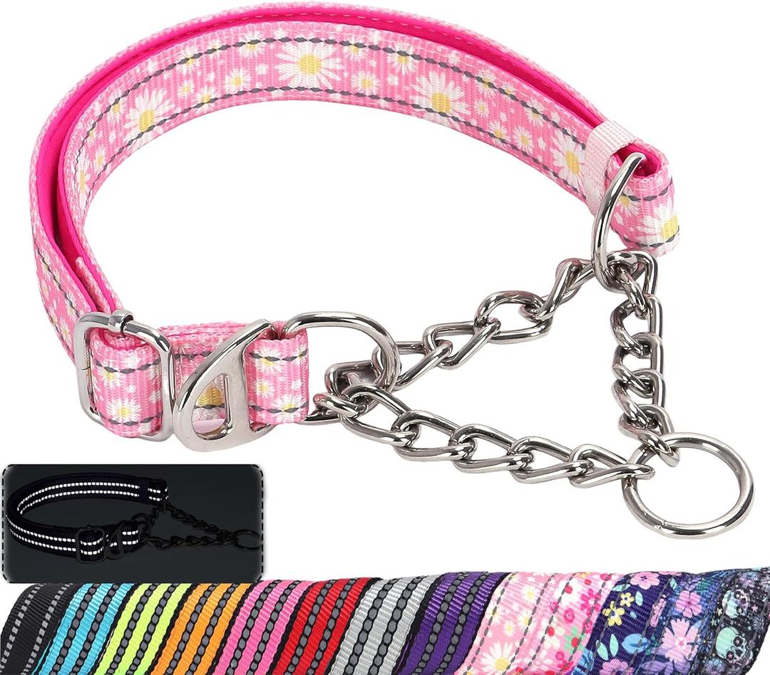 Martingale Collar for Dogs with Pink Daisy,Reflective Nylon Adjustable No Pull Dog Training Chain Collar Training, Walking, Hunting for All Breeds(Pink Daisy XL) (XL(Neck21"-27"), 1)