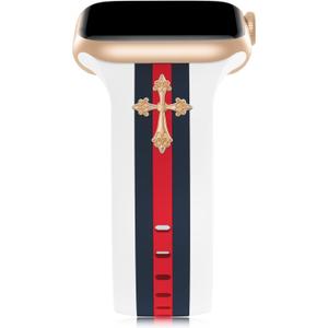 Designer Band with Charms Decor Compatible with Apple Watch Band 38mm 40mm 41mm 42mm 44mm 45mm 46mm 49mm Women Men, Stylish Silicone Sport Wristbands for iWatch Series 10 9 8 7 6 5 4 3 2 1 SE Ultra (White/Blue/Red with Cross)