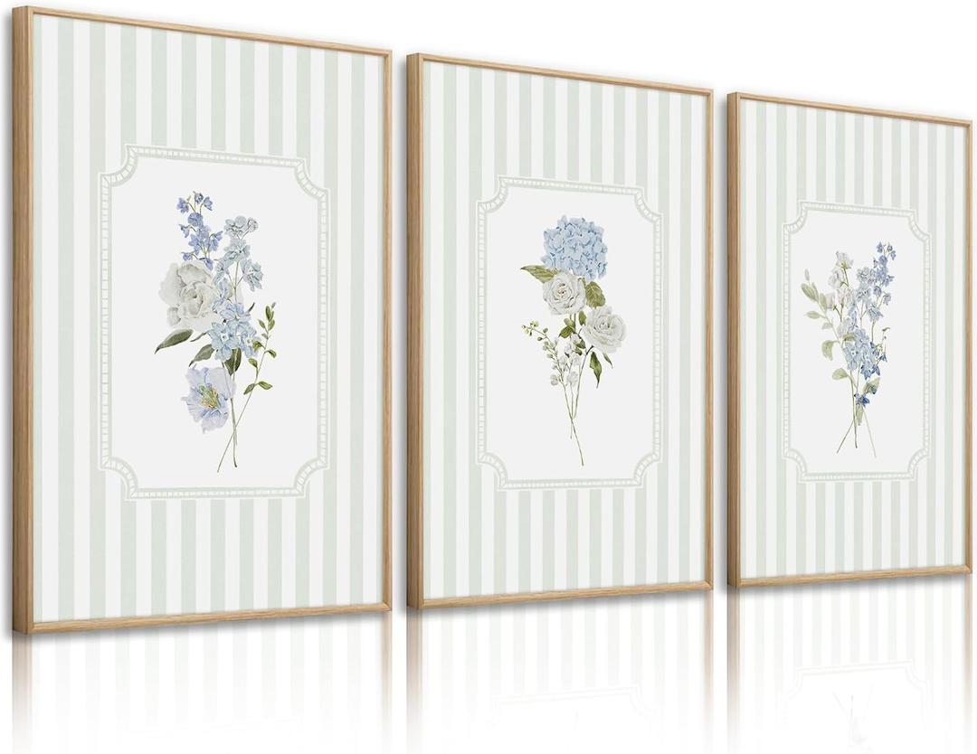 Blue Hydrangea Wall Art Floral Canvas Prints Sage Green Striped Wall Decor Botanical Pictures Chinoiserie Flower Painting Watercolor Poster Wildflower Artwork for Living Room 12x16x3 Inch Unframed