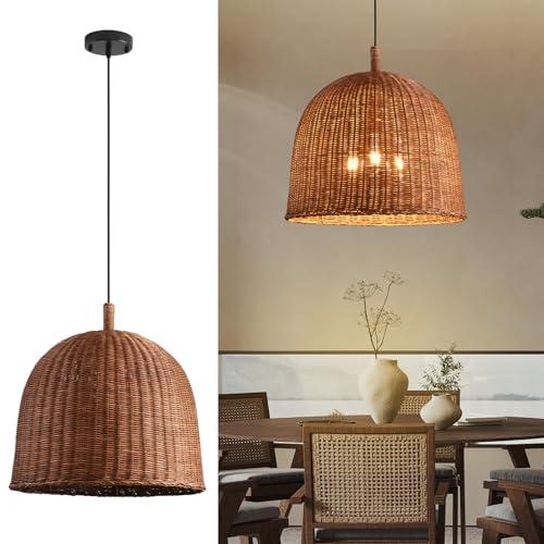 Teru Ji Kaikang 3-Light Dark Curry Rattan Pendant Light,17.7" Rustic Hanging Light,Brown Wicker Pendant Light Hand-Woven Rattan Chandelier for Workplace Restaurants Dining Living Kitchen Farmhouse