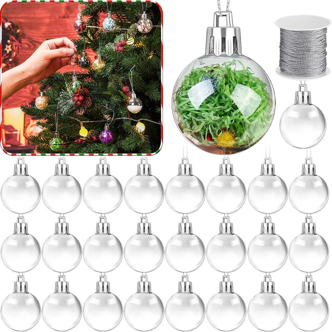 Wettarn 24 Pcs 1.2 Inch Clear Christmas Ornaments Balls Plastic Fillable Ornament Ball with Rope for DIY Craft Xmas Wedding Party Decor