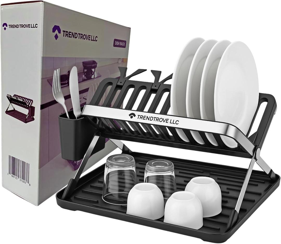 TrendTrove Foldable Dish Drying Rack  Stainless Steel Dish Rack for Kitchen Counter & Over Sink  Compact, Space-Saving Dish Drainer with Drip Tray, Utensil Holder & Plate Dividers (Black/Silver)