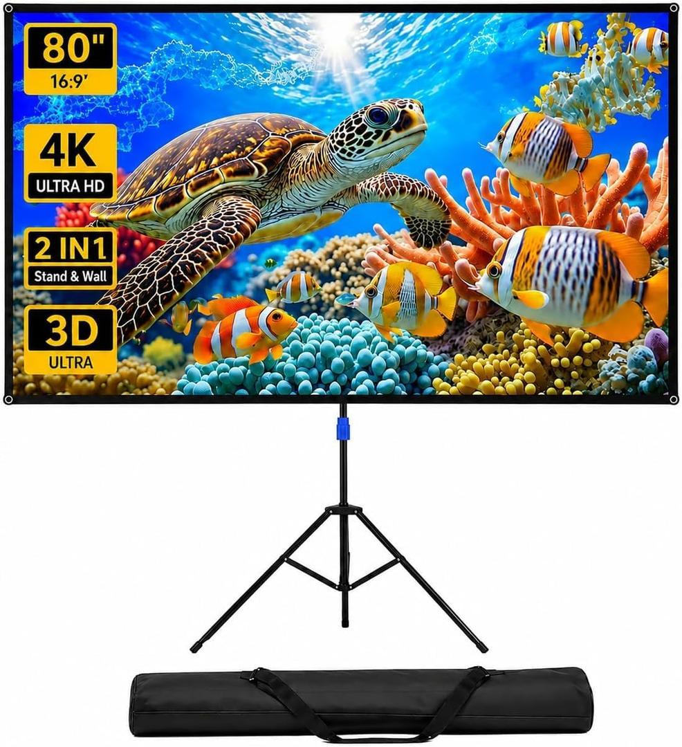 WASJOYE 80" Proiector Screen with Stand - 16:9 4K HD Portable Proiector Screen, 1.2 Gain Outdoor Projector Screen, Easy Setup and Carrying, for Home Cinema, Backyard Party Office TV Game