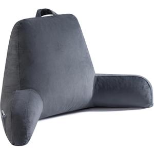 Reading Pillow for Sitting in Bed Adult, X-Large Reading Pillow with Shredded Memory Foam, Back Pillow for Sitting Up with Extend Arms, Pockets, Bed Pillow with Washable Cover, Grey