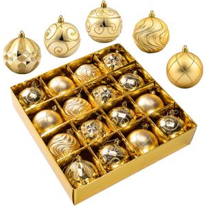 Christmas Ornaments - 16 Pcs Christmas Ball Ornaments Set, Assorted Shatterproof Christmas Glittering Ornaments for Christmas Tree, Christmas Tree Decoration for Xmas Holiday (Gold)