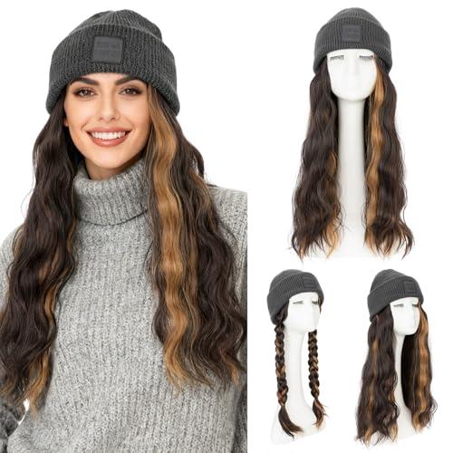 S-noilite Grey Beanie Wig Hat with Hair Attached for Women Knitted Beanie Wigs Winter Hats with 18" Beach Wavy Hair Extensions(26",#4P27 Brown Highlighted)