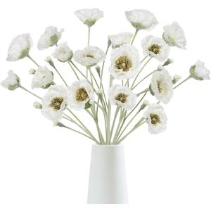 6PCS White Poppy Artificial Flowers 30 Heads Faux Poppy Flowers 26.77in Silk Flowers with Long Flocking Stems for Wedding Party Home Office Decoration(White)