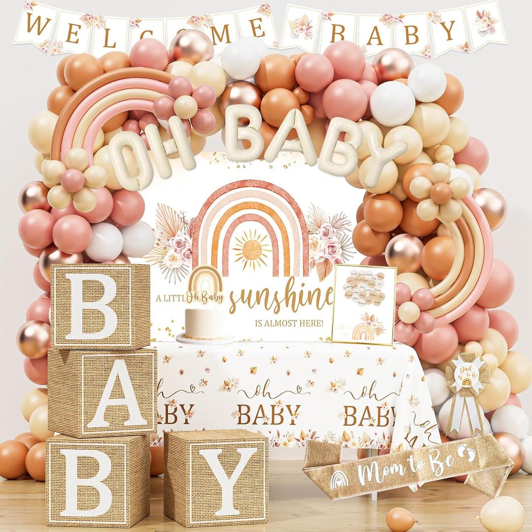 Boho Baby Shower Decorations, Boho Rainbow Baby Shower Party Supplies, A Little Ray of Sunshine is Almost Here, Its a Girl Gender Reveal, Baby Shower Backdrop Balloon Arch Boxes Mom to Be Sash