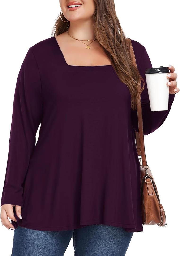 OVERWORETY Womens Plus Size T-Shirt Square Neck Long Sleeve Loose Casual Tunic Tops (4X, Aa- Purple)