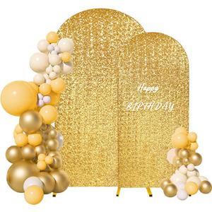 Set of 2 Sequin Wedding Arch Stand Cover 2-Sided Round Top Spandex Fitted Bling Arch Backdrop Cover Chiara Arch Stand Cover Birthday Party Baby Shower Wedding Arch Decor7.2FT, 6.6FT, Gold