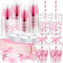 60 Sets Plastic Cups Bulk 12 oz Plastic Disposable Cups with Lids Sleeves and Straws Smoothie Clear Drink Disposable Party Favor Holiday Birthday Wedding Party Supplies (Pink Bow)