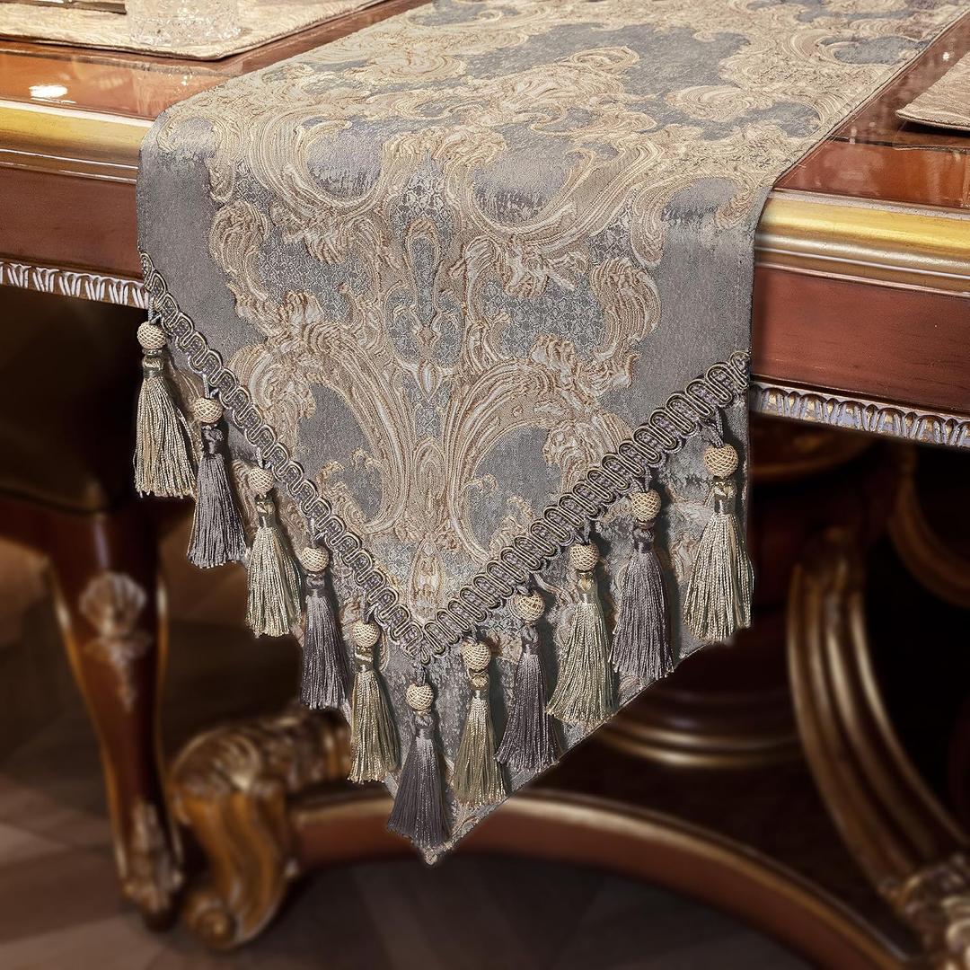 Loom and Mill Luxury Table Runner 72 Inches Long, Elegant Jacquard Dining Table Runners with Handmade Multi-Tassels for Dining Room Dresser Party Holiday Banquet Decoration(Gray, 13*72 inch)