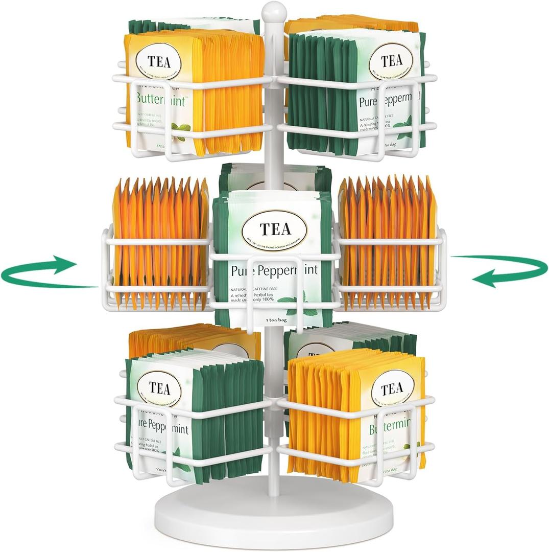 EsLuker.ly Tea Bag Holder Organizer for Counter 3 Tier Metal Tea Bag Storage Rack, Spinning Carousel Tea Packet Display Stand, Tea Organizer Station with Easy Access for Kitchen Office, White
