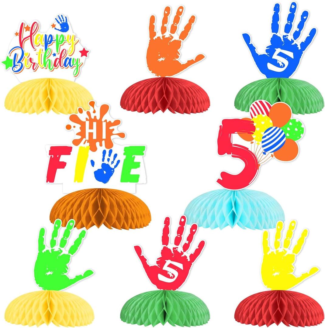 Funmemoir 8pcs Hi Five Birthday Party Decorations, 5th Birthday Decorations for Boys Girls Honeycomb Centerpiece Table Decor for 5 Year Old Birthday Decorations Table Topper