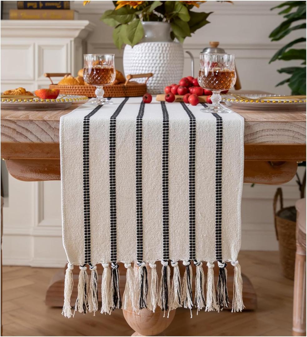 Caflife Boho Table Runner 72 Inchs Long Black and Beige, Cotton and Linen Woven with Tassels, for Modern Rustic Farmhouse Neutral Table Runners, Bohemian Kitchen Dining Table Home Decor