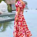 PRETTYGARDEN Women's Casual Summer Midi Dress Puffy Short Sleeve Square Neck Smocked Tiered Ruffle Dresses (S)