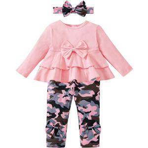 FOCUTEBB Baby Girl Clothes 18-24 Months Infant Girl Sweatshirt Outfits Fall Winter Outfits Long Sleeve Ruffle Tops Camo Pants Sets Headband Pink 18 24 Months