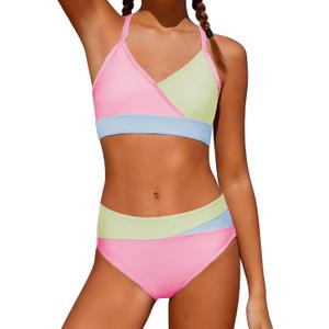 Teen Girl Swimsuit Two Piece - Color Block Bikini Adjustable Straps Bathing Suit Padded Swimwear Pink Blue Green 14-15 Years