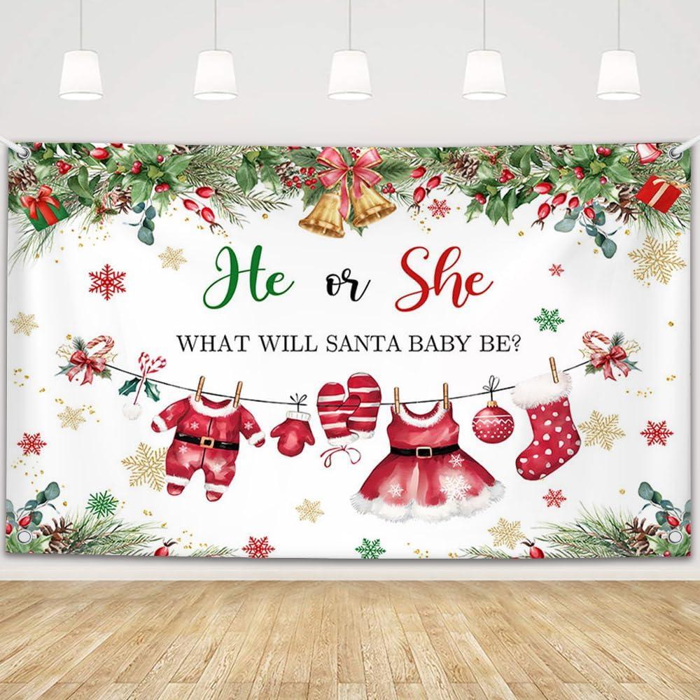2 x MEHOFOND 6x3.6ft Christmas Gender Reveal Backdrop Banner, Santa Baby Gender Reveal Party Decor, He or She Xmas Boy or Girl Winter Snowflake Newborn Party Photo Props