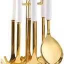 Ceramic Handle Stainless Steel Kitchenware Cooking Utensils 7 Pcs with Hanging Shelf Anti Scalding Cooking Sets Light Luxury Kitchenware Sets (White)