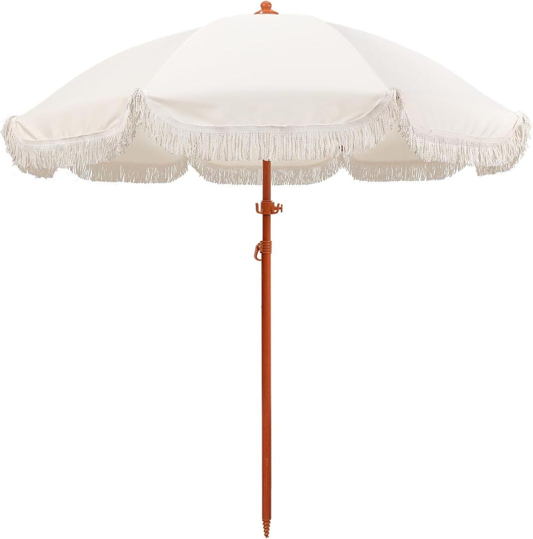 Jihfmo 7.3ft Boho Beach Umbrella with Integrated Sand Anchor & Reinforced 8mm Ribs Heavy Duty Windproof Fringe Patio Umbrella, UPF 50+ Sun Shade with Tilt Mechanism & Carry Bag for Outdoor, Garden, Seaside (Cream/White)