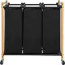 Laundry Sorter Hamper with Wheels, Heavy-Duty Laundry Basket Sorter Rolling Cart with Lockable Wheels and Removable Bags, Laundry Cart 3 Sections, Bamboo