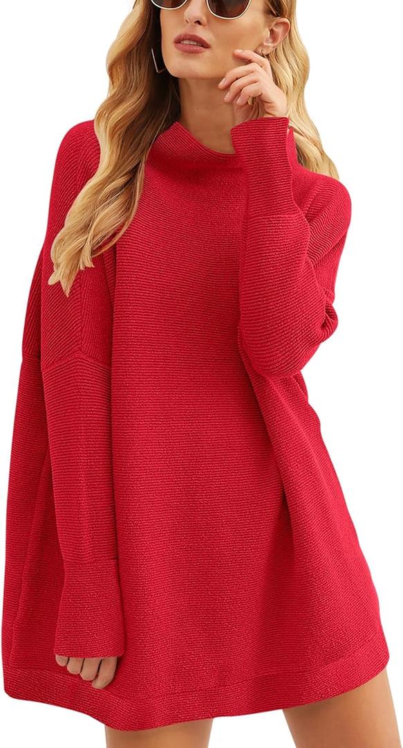 ANRABESS Women Oversized Casual Loose Turtleneck Long Sleeve Slouchy Baggy Knit Tunic Sweaters Pullover 2025 Fall Outfits (Small, Red)
